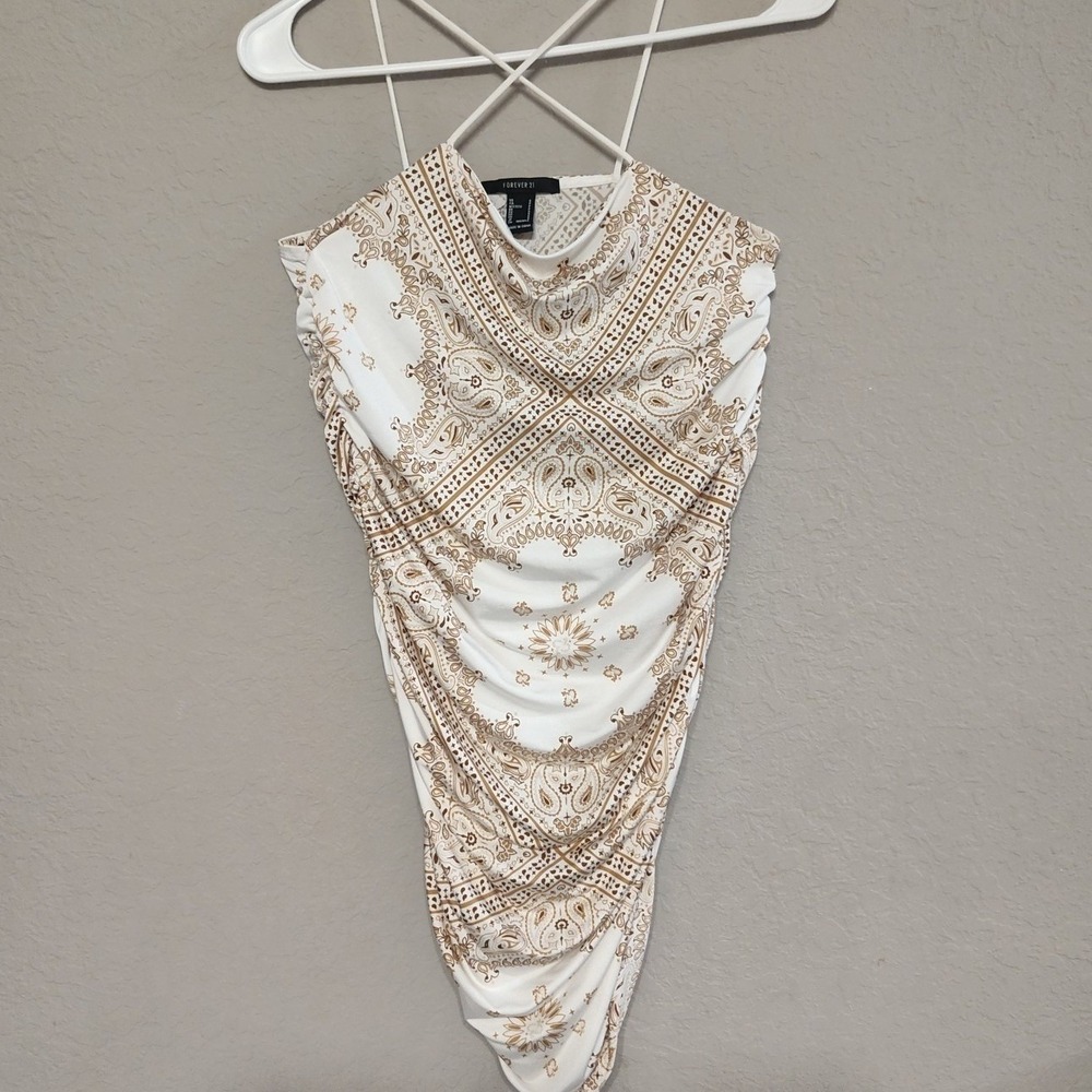 Forever 21 Mini Dress Women Small White Gold Bandana Paisley Ruched Cowl Neck